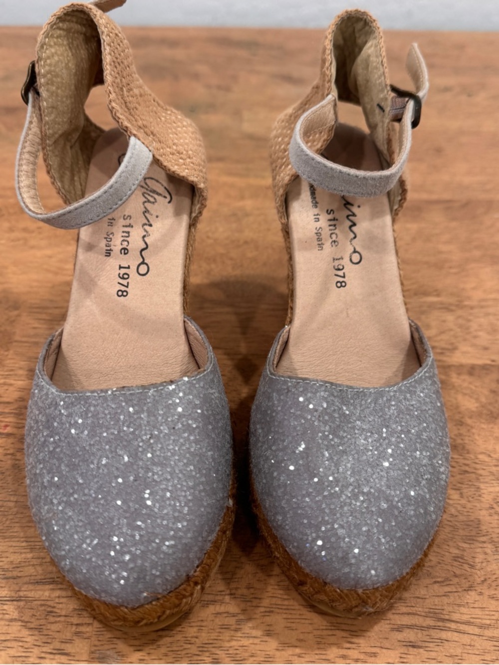 Gaimo Espadrille Wedge Heels Womens 36 5.5/6 Sparkling Silver Tan Ankle Strap - Picture 2 of 8